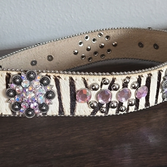 BHW Pink Rhinestone Leather Zebra Print Belt Size M - Picture 5 of 8